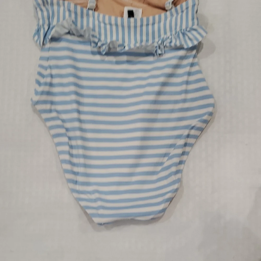 J. Crew Ruffle Plunging  Blue and White Striped Women's One Piece Swimsuit - Picture 4 of 12